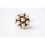 Pearl, Sapphire & Ruby Ring, stamped 14ct yellow gold, size O 1/2, 6.2g.