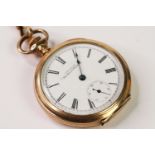 WALTHAM WATCH CO GOLD POCKET WATCH WITH CHAIN, circular white dial with roman numeral hour