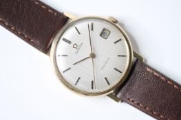 VINTAGE 9CT OMEGA GENEVE WRIST WATCH, circular silver dial with baton hour markers, date function at