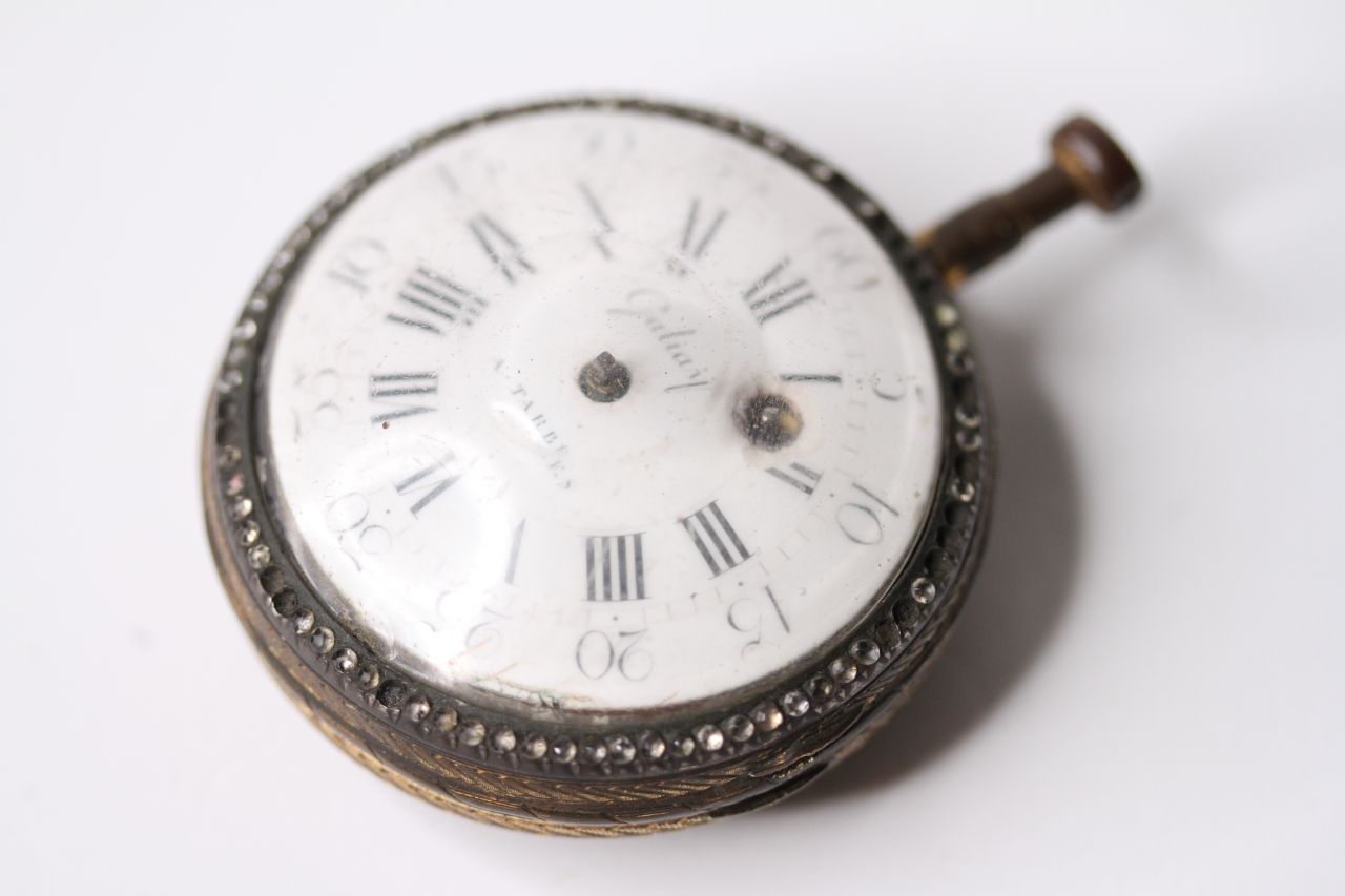 Galiay A.Tarbes Open Face Enamel Portrait Pocket Watch, circular white dial with roman numerals,