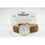 GENTLEMENS TISSOT 18CT GOLD DATE WRISTWATCH W/ WARRANTY CARD, circular white dial with roman numeral