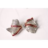 Diamond & Ruby Set Bow Brooch Circa 1970s, stamped 18ct gold, set with diamonds and rubies in a