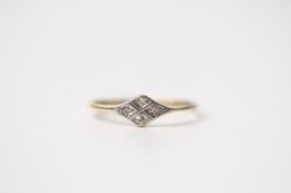 Art Deco Style Ring, set with 4 diamonds, 18ct yellow gold, size U, 2.5g.