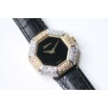 LADIES 18CT DELANEAU DIAMOND BEZEL QUARTZ WATCH, octagonal black dial, octagonal diamond bezel, 27mm