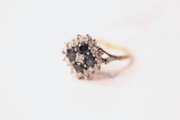 Sapphire & Diamond Cluster Ring, stamped 18ct yellow gold, size M, 4.38g