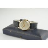 GENTLEMENS J W BENSON 9CT GOLD WRISTWATCH W/ BOX, circular off white dial with arabic numeral hour