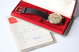 VINTAGE 9CT OMEGA GENEVE BOX AND PAPERS 1972, circular champagne dial with baton hour markers,