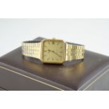 GENTLEMENS LONGINES AUTOMATIC WRISTWATCH W/ BOX, square gold dial with stick hour markers and hands,