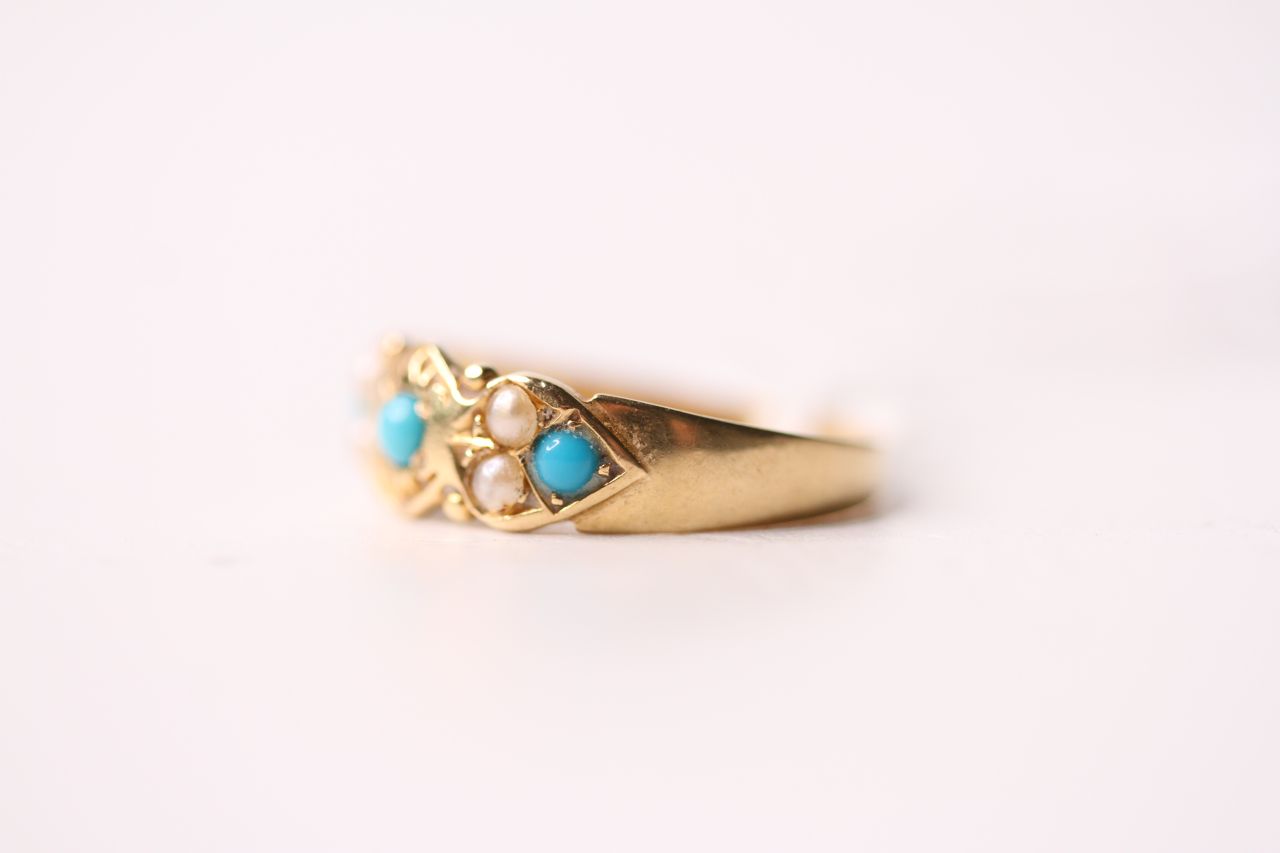 Turquoise & Pearl Victorian Ring, size O1/2, 1.9g. - Image 3 of 4