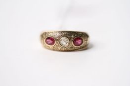 Ruby & Diamond 3 Stone Ring, centre set with an old cut diamond, 9ct yellow gold, size S, 7.8g.