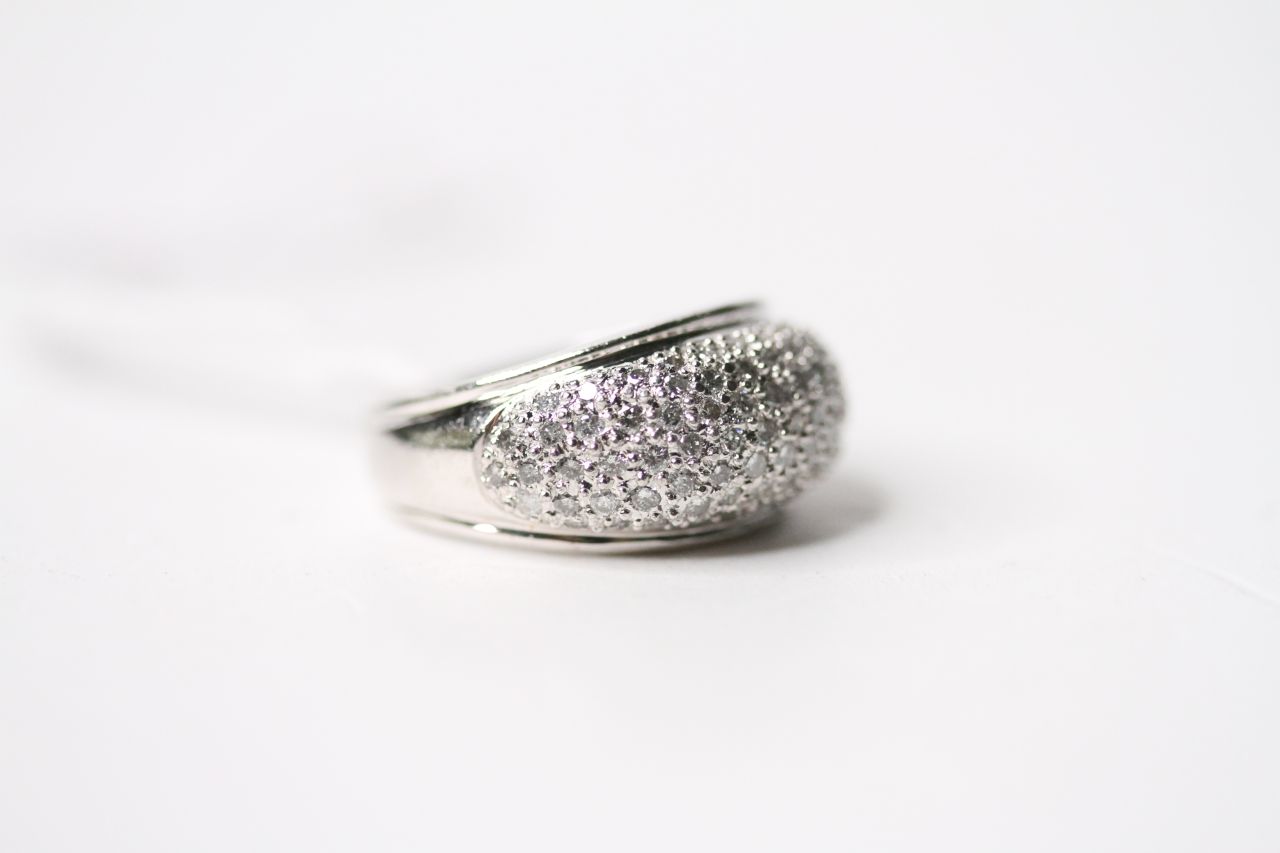 Diamond Bombe Ring, stamped 900 platinum, diamond total 1.02ct, size O, 12.1g. - Image 2 of 3