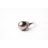 Black Pearl & Diamond Ring, stamped 18ct white gold, size M, 5g.