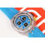 SWATCH QUARTZ CHRONOGRAPH WRIST WATCH WITH BOOKLETS, circular blue dial with baton and arabic