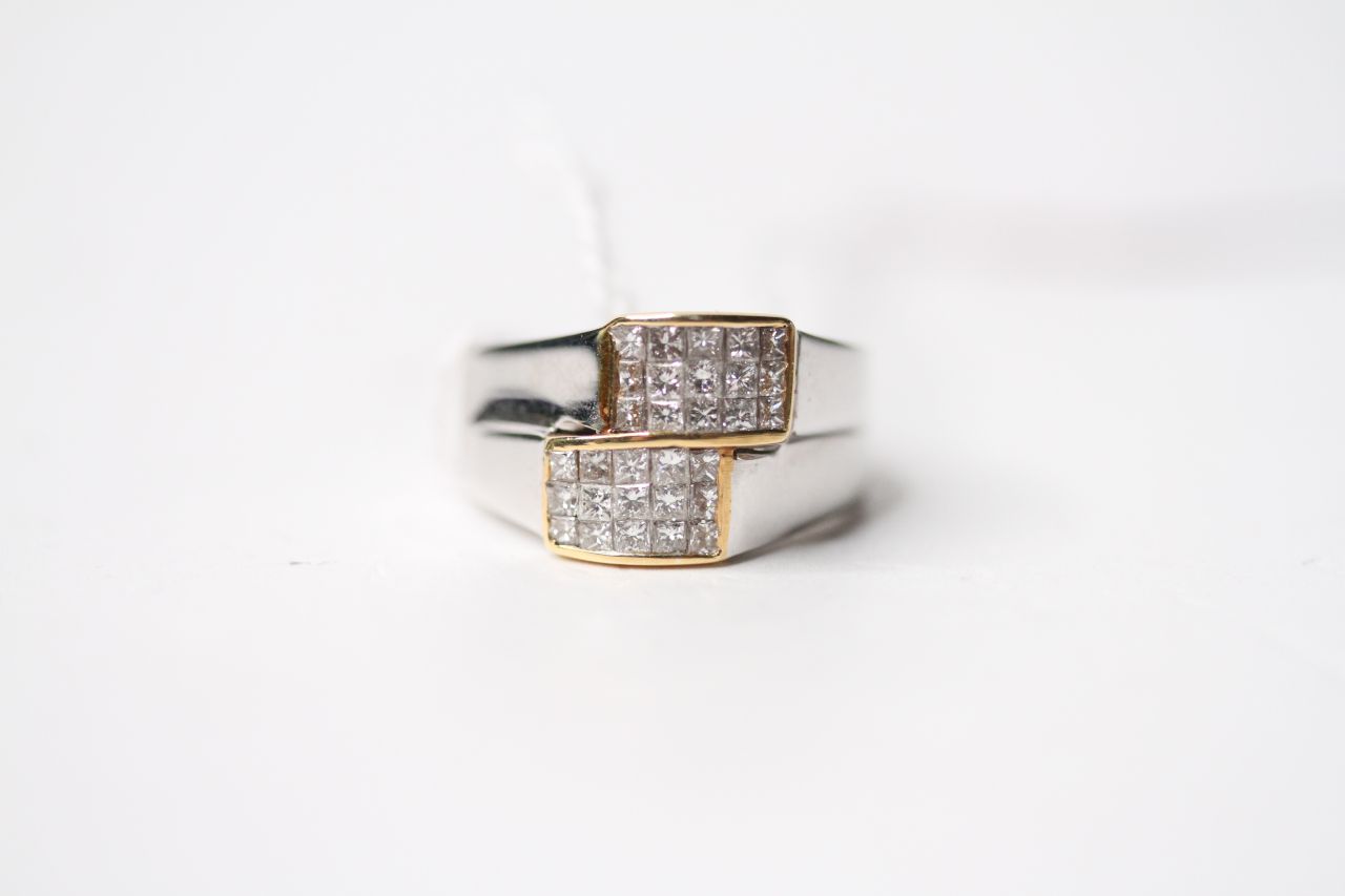 Princess Cut Diamond Ring, 18ct yellow & white gold, size M, diamond total 1.50ct, 11.2g.