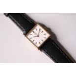LADIES 9CT OMEGA WRIST WATCH, square white dial with gold baton hour markers, 18mm 9ct gold case,
