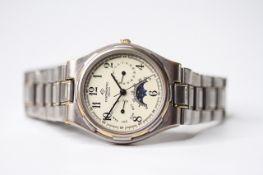 CONTINENTAL MOONPHASE CALENDAR QUARTZ WATCH, circular cream dial with arabic numeral hour markers,