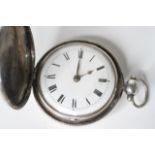 VERGE FULL HUNTER SILVER POCKET WATCH , circular white dial with roman numeral hour markers, verge