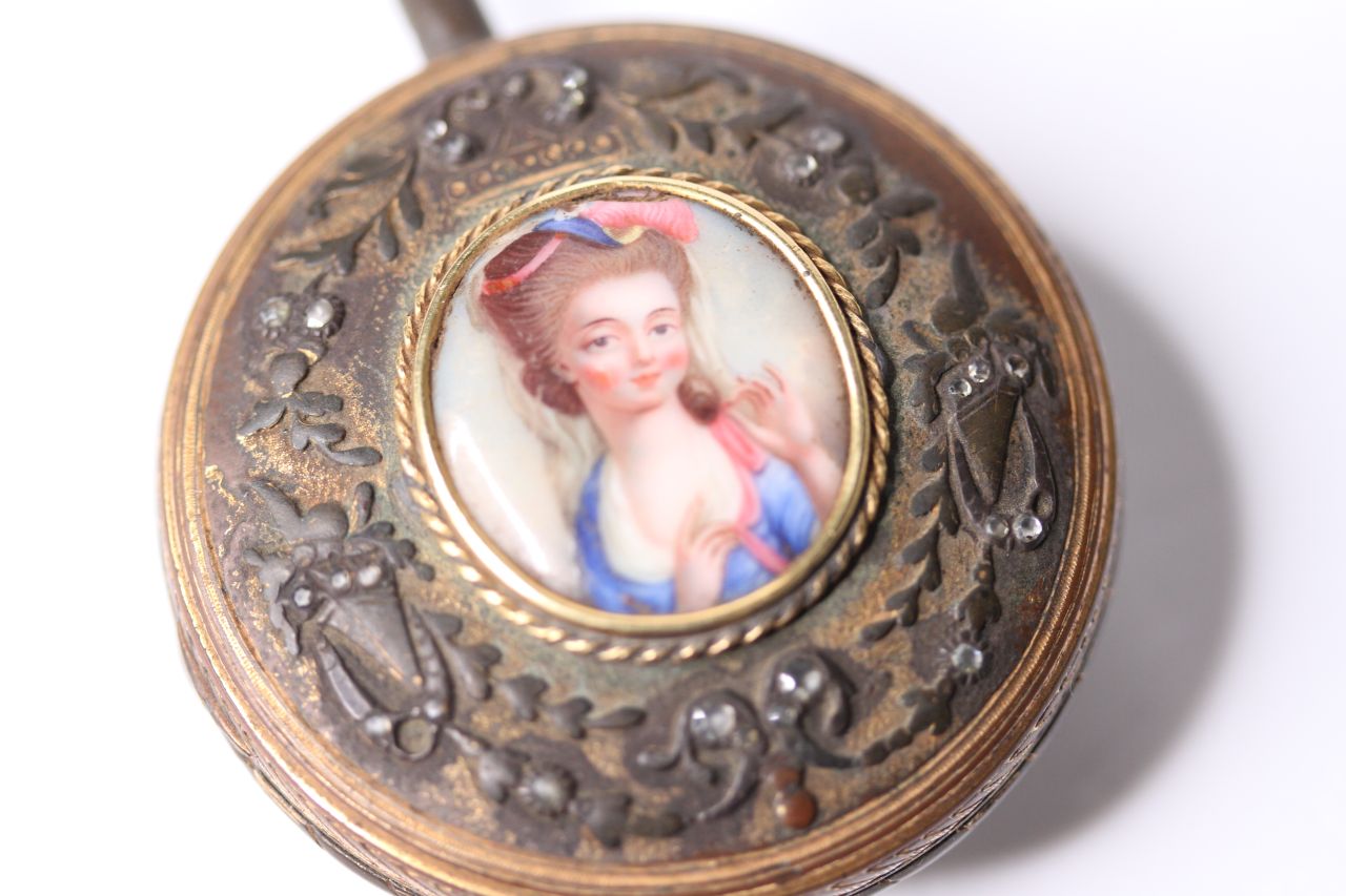 Galiay A.Tarbes Open Face Enamel Portrait Pocket Watch, circular white dial with roman numerals, - Image 3 of 6