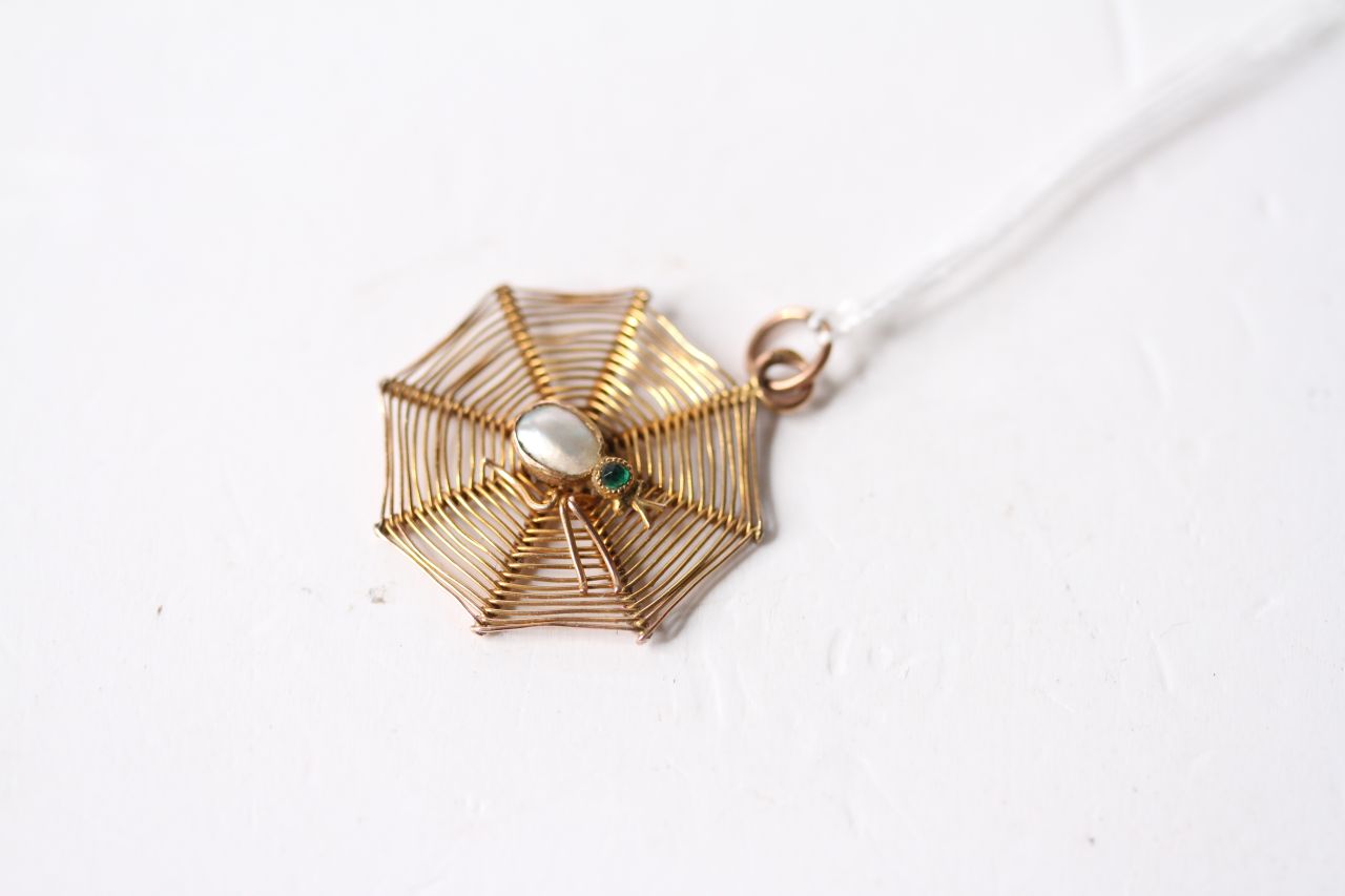 Pearl Set Spider In Web Pendant, 9ct yellow gold, 23mm.