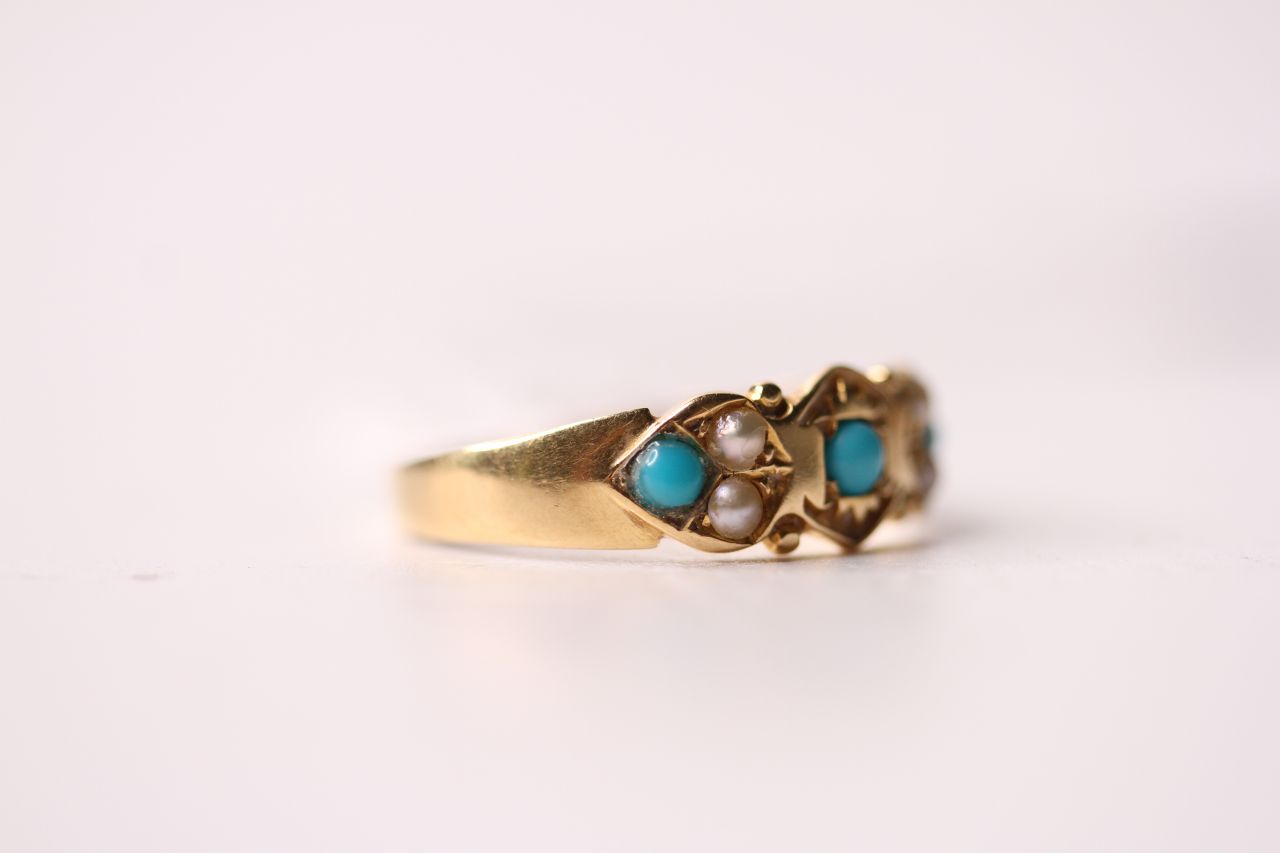 Turquoise & Pearl Victorian Ring, size O1/2, 1.9g. - Image 2 of 4