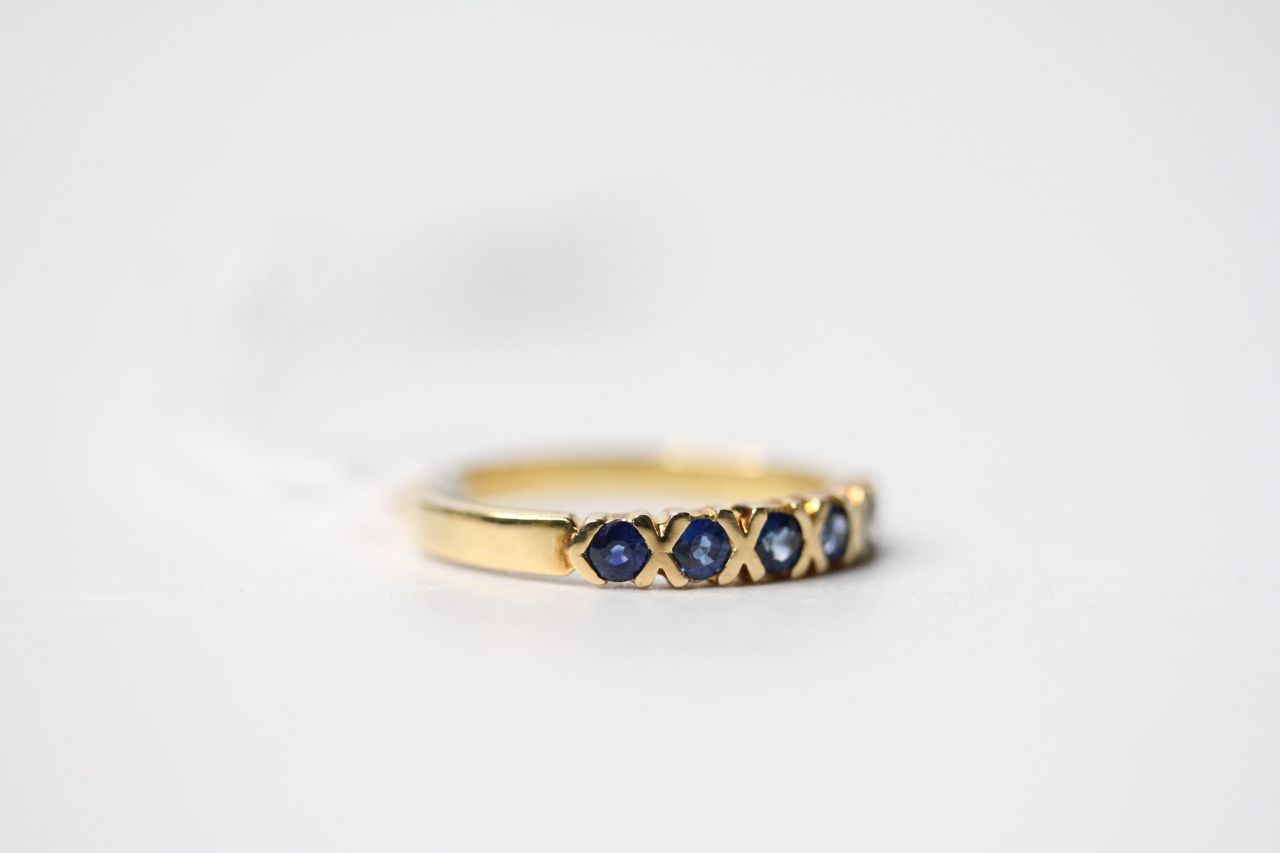 6 Stone Sapphire Ring, stamped 18ct yellow gold, G 1235, size N1/2. - Image 2 of 3