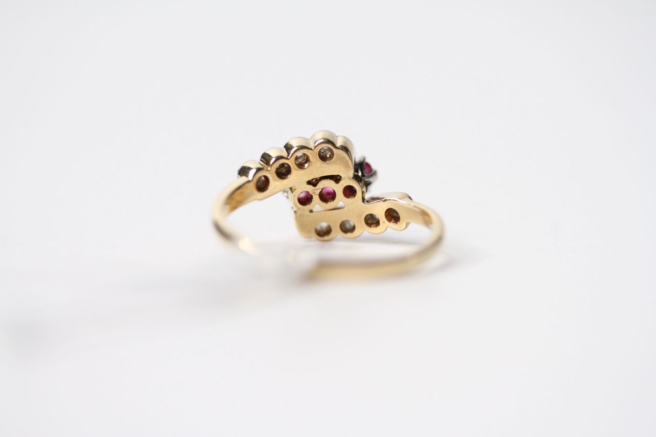 Ruby & Diamond 3 Line Twist Ring, stamped 18ct yellow gold, size P1/2, 3.6g. - Image 3 of 3