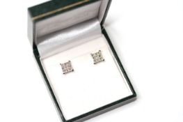 18ct white gold 18-stone invisible-set princess-cut diamond square checkerboard studs, boxed (9