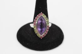 9ct gold amethyst & gemstone marquise dress ring (5.9g)