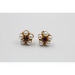 9ct gold pearl & garnet cluster stud earrings (2.1g)