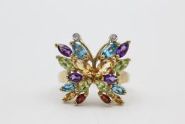 9ct gold diamond & multi gemstone butterfly dress ring (5.1g)