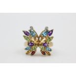 9ct gold diamond & multi gemstone butterfly dress ring (5.1g)