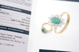 Certificated 18ct yellow and white gold oval-cut emerald and diamond cluster ring. Emerald 0.80ct.