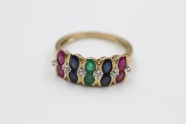 9ct gold diamond, sapphire, ruby & emerald two row ring (3.2g)