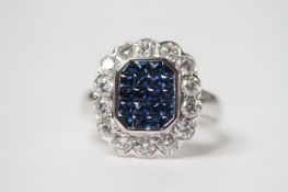 18ct white gold checkerboard multi-sapphire and diamond checkerboard cluster ring. Sapphires 2.11ct,