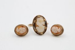2 x 9ct Gold shell cameo jewellery inc. ring, earrings 4.4 grams gross