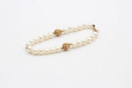 9ct gold pearls & etched beads bracelet 10.3 grams gross