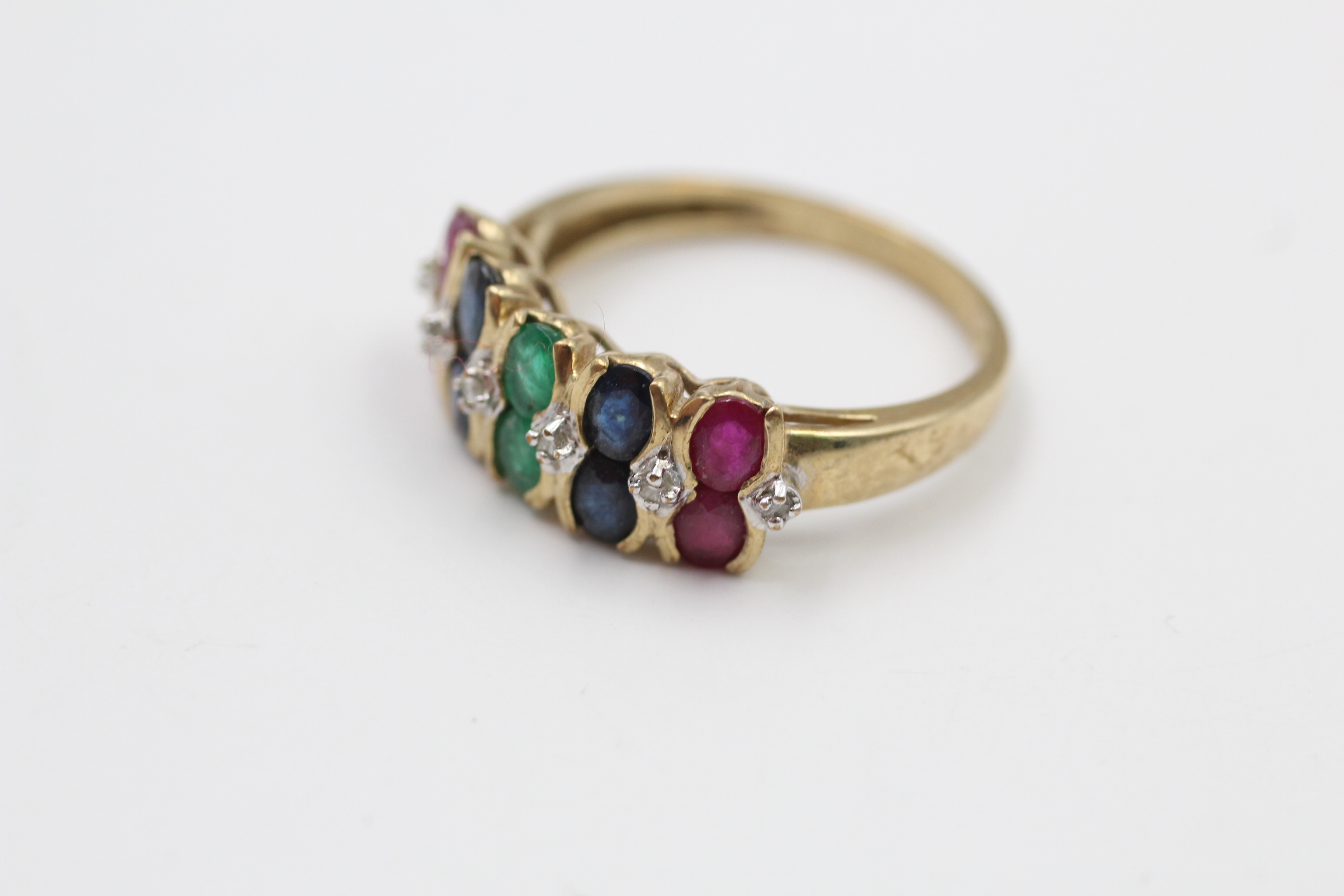 9ct gold diamond, sapphire, ruby & emerald two row ring (3.2g) - Image 2 of 4