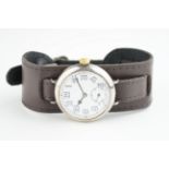 GENTLEMENS SILVER TRENCH WATCH, circular white dial with hour markers and hands, 34mm silver case