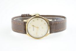 GENTLEMENS JAEGER LE COULTRE 9CT GOLD WRISTWATCH, circular patina dial with arabic numeral hour