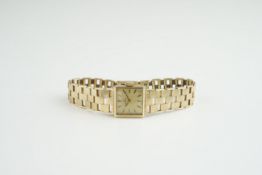 LADIES OMEGA 9CT GOLD WRISTWATCH, square gold dial with stick hour markers and hands, 15mm 9ct