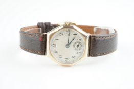 GENTLEMENS ROLCO 9CT GOLD WRISTWATCH, circular patina dial with arabic numeral hour markers and