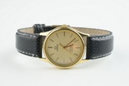 GENTLEMENS OMEGA DE VILLE QUARTZ WRISTWATCH W/ BOX, circular gold honeycomb dial with stick hour