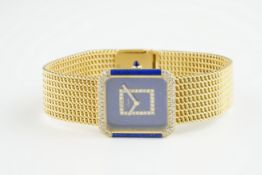 MID SIZE LEYAEN LAPIS LAZULI & DIAMOND 18CT GOLD WRISTWATCH, rectangular lapis and diamond set