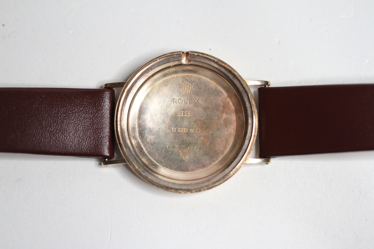 VINTAGE 9CT ROLEX PRECISION MANUAL WIND WATCH, circular silver dial with gold baton hour markers, - Image 3 of 4