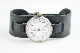 GENTLEMENS SILVER TRENCH WATCH, circular white dial with hour markers and hands, 34mm silver case