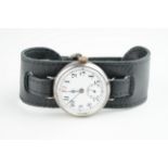 GENTLEMENS SILVER TRENCH WATCH, circular white dial with hour markers and hands, 34mm silver case