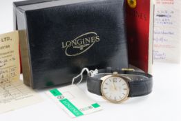 GENTLEMENS LONGINES ADMIRAL 9CT GOLD WRISTWATCH W/ BOX & PAPERS, circular silver dial with stick