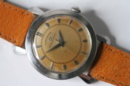 VINTAGE ETERNA-MATIC CHRONOMETER WITH ART DECO CASE CIRCA 1950S, domed patina dial with block hour