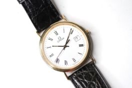 18CT OMEGA QUARTZ WRIST WATCH, circular white dial with roman numeral hour markers, date function at