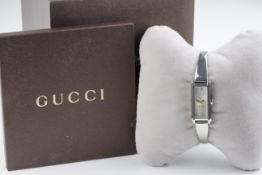 LADIES GUCCI DIAMOND SET WRISTWATCH W/ BOX & BOOKLET REF. 109, rectangular silver diamond set dial